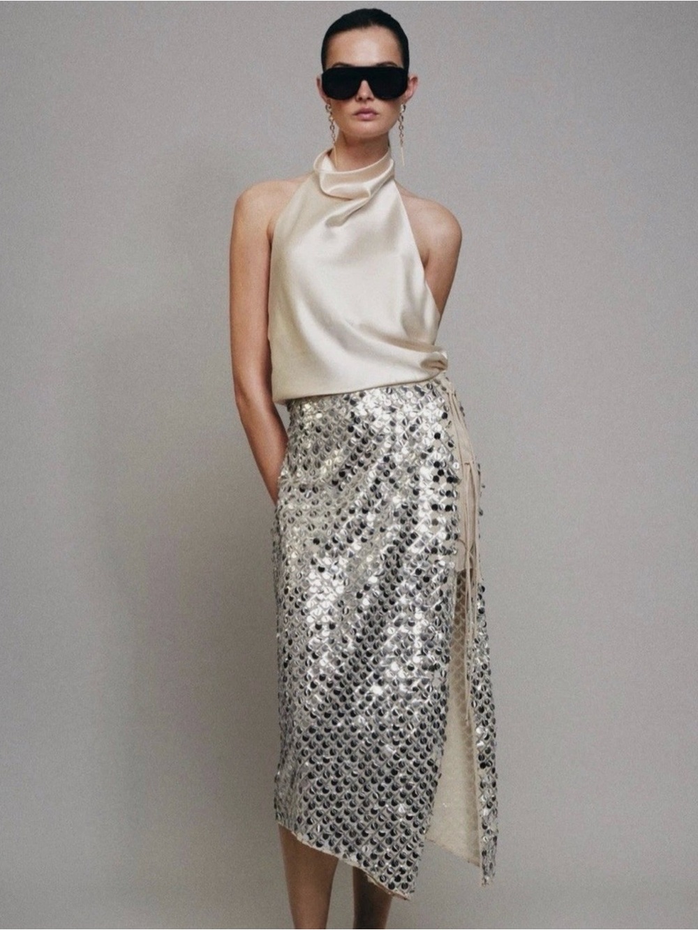 Zara Sequin-Embellished Beige Wrap Skirt size medium - Picture 4 of 4